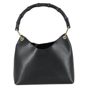 Authentic GUCCI Bamboo Shoulder Bag Leather Black Gold 001 1998 1883